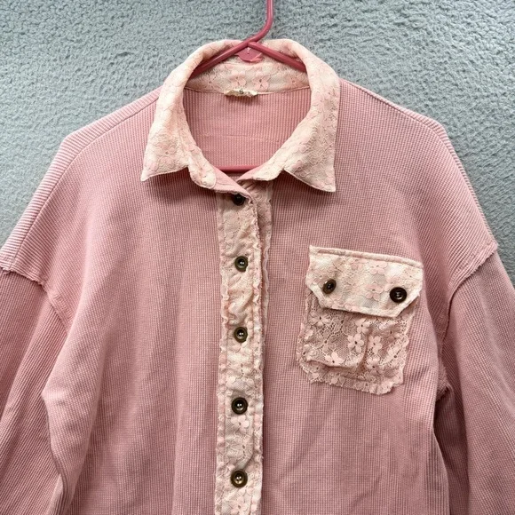POL Patchwork Lace Dusty Pink Button Up Shirt Top Floral Oversized Boho Size S - Picture 6 of 13